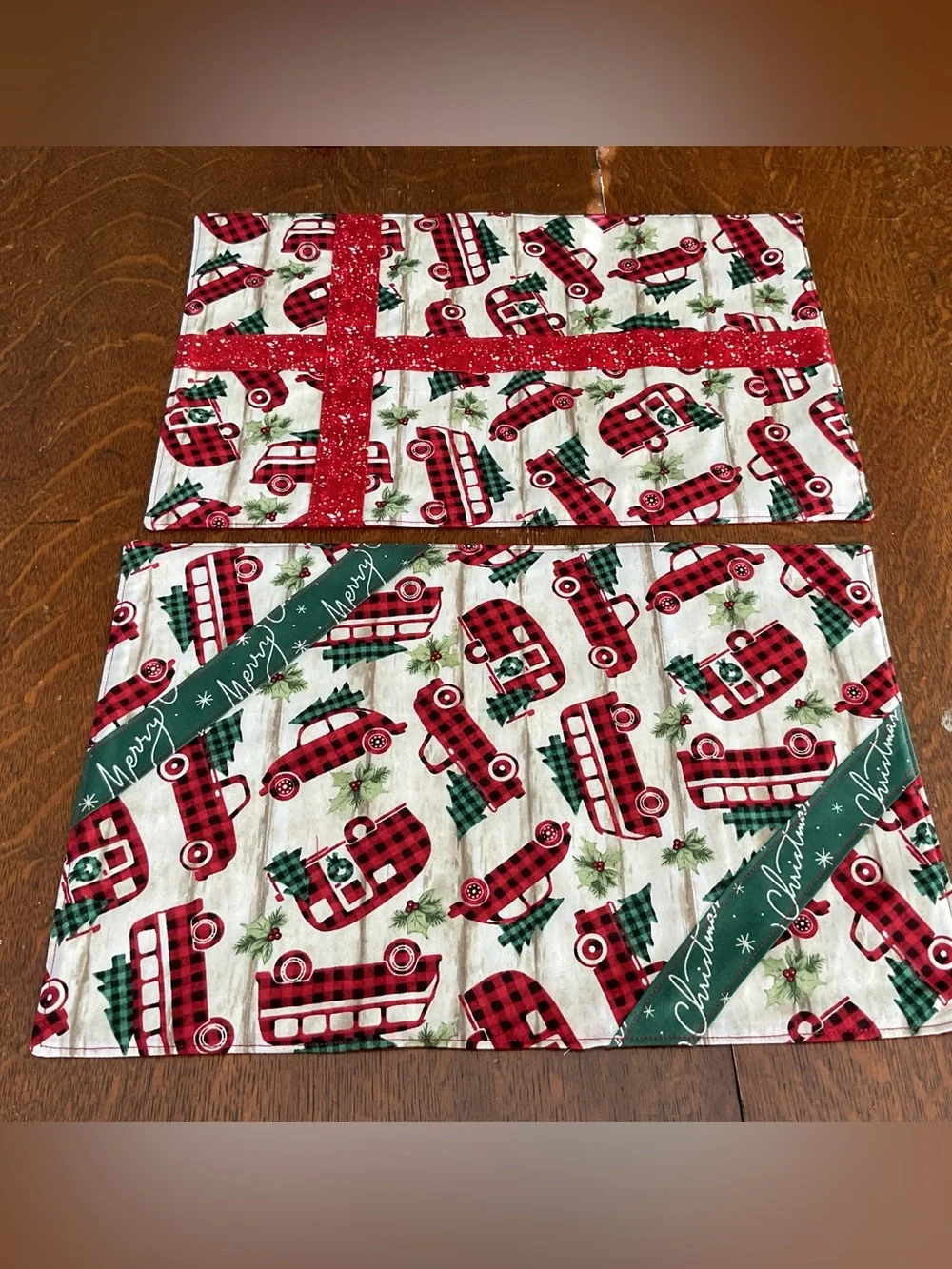 Handmade Quilted Cozy Red Truck & Buffalo Check Holiday Placemats - Set of 4